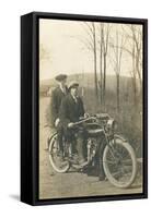 Black and White Photo of Two Men on Motorcycle-null-Framed Stretched Canvas