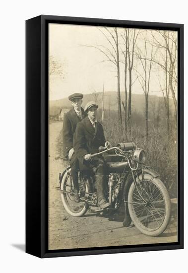 Black and White Photo of Two Men on Motorcycle-null-Framed Stretched Canvas