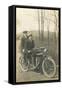 Black and White Photo of Two Men on Motorcycle-null-Framed Stretched Canvas