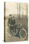 Black and White Photo of Two Men on Motorcycle-null-Stretched Canvas