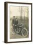 Black and White Photo of Two Men on Motorcycle-null-Framed Art Print