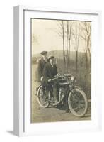 Black and White Photo of Two Men on Motorcycle-null-Framed Art Print