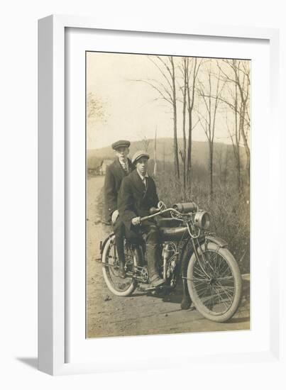 Black and White Photo of Two Men on Motorcycle-null-Framed Art Print