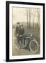 Black and White Photo of Two Men on Motorcycle-null-Framed Art Print