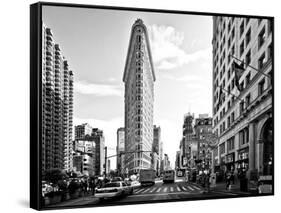 Black and White Photography Landscape of Flatiron Building and 5th Ave, Manhattan, NYC, White Frame-Philippe Hugonnard-Framed Stretched Canvas