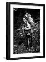 Black and white picture of a Sherpa carrying meat up to Everest Base Camp in Nepal-David Chang-Framed Photographic Print