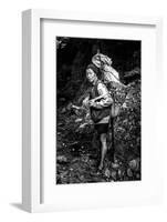 Black and white picture of a Sherpa carrying meat up to Everest Base Camp in Nepal-David Chang-Framed Photographic Print