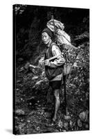 Black and white picture of a Sherpa carrying meat up to Everest Base Camp in Nepal-David Chang-Stretched Canvas