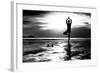 Black And White Picture: Young Woman Practicing Yoga On The Beach At Sunset-De Visu-Framed Art Print