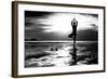 Black And White Picture: Young Woman Practicing Yoga On The Beach At Sunset-De Visu-Framed Art Print