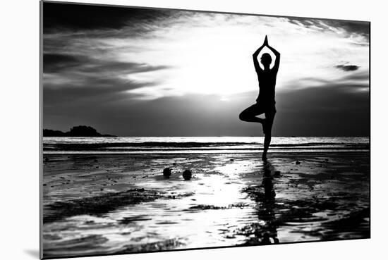 Black And White Picture: Young Woman Practicing Yoga On The Beach At Sunset-De Visu-Mounted Art Print