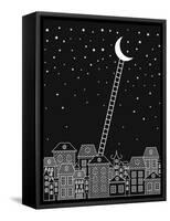 Black and White to the Moon and Back Vector Illustration. Old Town, Night Sky, Stairs to the Moon O-in_dies_magis-Framed Stretched Canvas