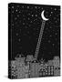 Black and White to the Moon and Back Vector Illustration. Old Town, Night Sky, Stairs to the Moon O-in_dies_magis-Stretched Canvas