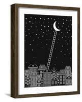 Black and White to the Moon and Back Vector Illustration. Old Town, Night Sky, Stairs to the Moon O-in_dies_magis-Framed Art Print