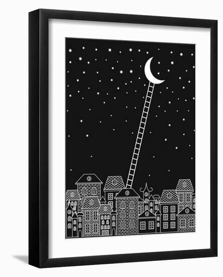 Black and White to the Moon and Back Vector Illustration. Old Town, Night Sky, Stairs to the Moon O-in_dies_magis-Framed Art Print