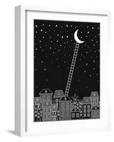 Black and White to the Moon and Back Vector Illustration. Old Town, Night Sky, Stairs to the Moon O-in_dies_magis-Framed Art Print