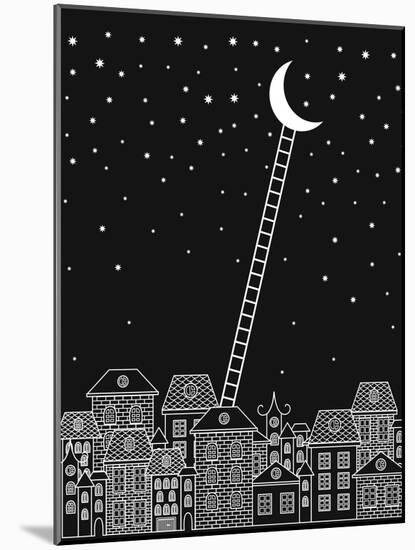 Black and White to the Moon and Back Vector Illustration. Old Town, Night Sky, Stairs to the Moon O-in_dies_magis-Mounted Art Print