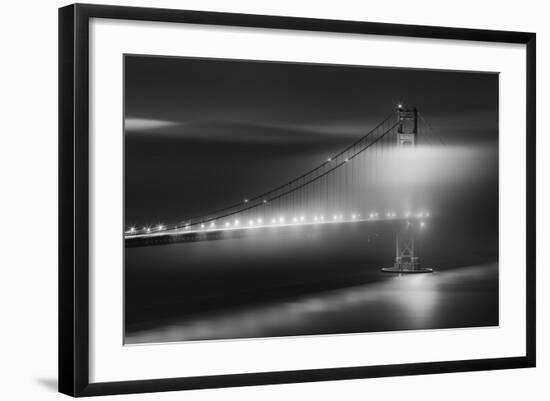 Black And White View Of The Golden Gate Bridge At Night With Silky Low Fog Around The Tower-Joe Azure-Framed Photographic Print