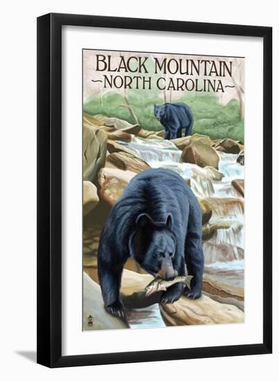 Black Bear Fishing - Black Mountain, North Carolina-Lantern Press-Framed Art Print