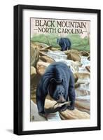 Black Bear Fishing - Black Mountain, North Carolina-Lantern Press-Framed Art Print