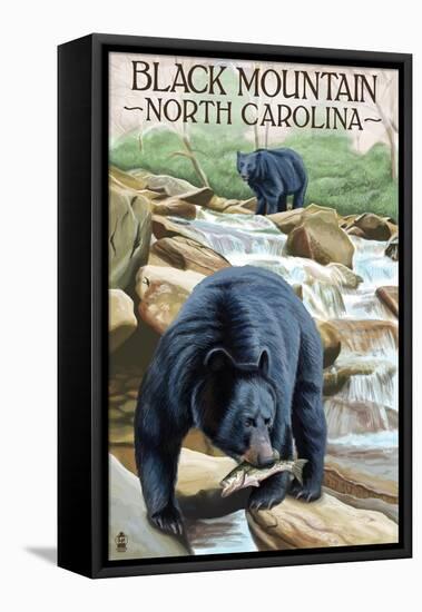 Black Bear Fishing - Black Mountain, North Carolina-Lantern Press-Framed Stretched Canvas