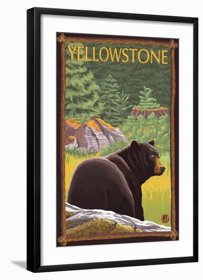 Black Bear in Forest, Yellowstone National Park-Lantern Press-Framed Art Print