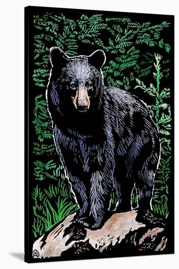 Black Bear - Scratchboard-Lantern Press-Stretched Canvas