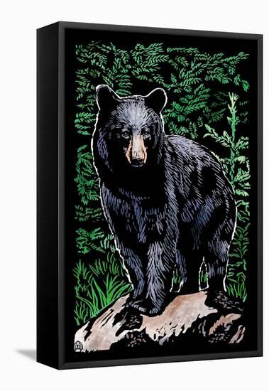 Black Bear - Scratchboard-Lantern Press-Framed Stretched Canvas