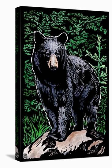 Black Bear - Scratchboard-Lantern Press-Stretched Canvas