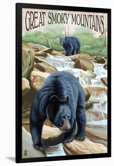 Black Bears Fishing - Great Smoky Mountains-Lantern Press-Framed Art Print