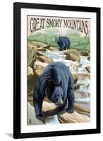 Black Bears Fishing - Great Smoky Mountains-Lantern Press-Framed Art Print