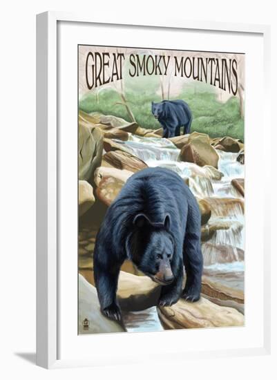 Black Bears Fishing - Great Smoky Mountains-Lantern Press-Framed Art Print