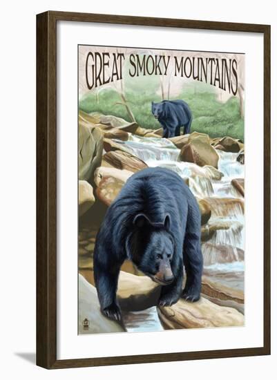 Black Bears Fishing - Great Smoky Mountains-Lantern Press-Framed Art Print