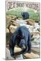 Black Bears Fishing - Great Smoky Mountains-Lantern Press-Mounted Art Print