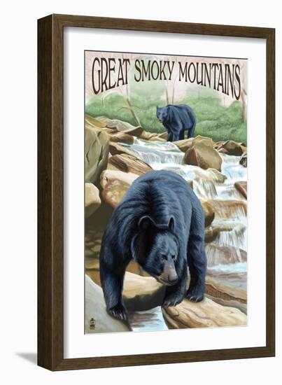Black Bears Fishing - Great Smoky Mountains-Lantern Press-Framed Art Print