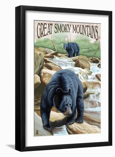 Black Bears Fishing - Great Smoky Mountains-Lantern Press-Framed Art Print