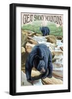 Black Bears Fishing - Great Smoky Mountains-Lantern Press-Framed Art Print