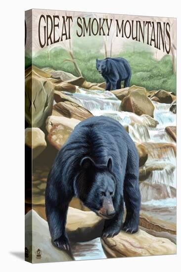 Black Bears Fishing - Great Smoky Mountains-Lantern Press-Stretched Canvas