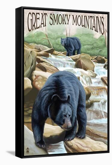 Black Bears Fishing - Great Smoky Mountains-Lantern Press-Framed Stretched Canvas