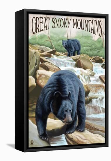 Black Bears Fishing - Great Smoky Mountains-Lantern Press-Framed Stretched Canvas