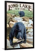 Black Bears Fishing-Lantern Press-Framed Art Print