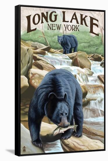 Black Bears Fishing-Lantern Press-Framed Stretched Canvas