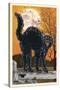 Black Cat and Moon - Letterpress-Lantern Press-Stretched Canvas