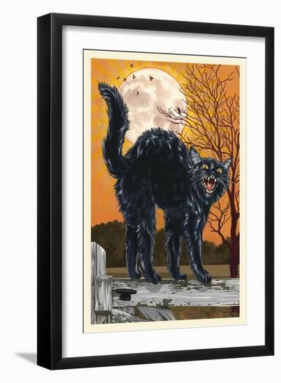 Black Cat and Moon - Letterpress-Lantern Press-Framed Art Print