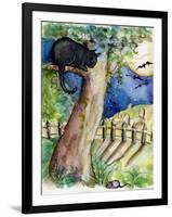 Black Cat Sitting in Tree Bats & Full Moon-sylvia pimental-Framed Art Print