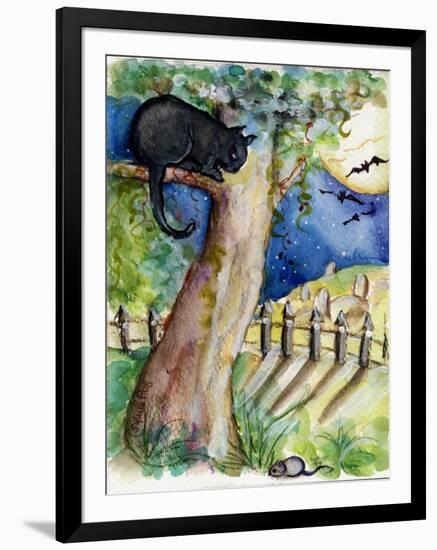 Black Cat Sitting in Tree Bats & Full Moon-sylvia pimental-Framed Art Print