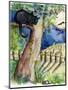 Black Cat Sitting in Tree Bats & Full Moon-sylvia pimental-Mounted Art Print