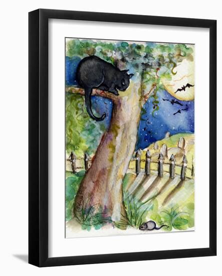 Black Cat Sitting in Tree Bats & Full Moon-sylvia pimental-Framed Art Print