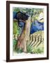 Black Cat Sitting in Tree Bats & Full Moon-sylvia pimental-Framed Art Print