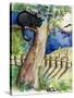 Black Cat Sitting in Tree Bats & Full Moon-sylvia pimental-Stretched Canvas